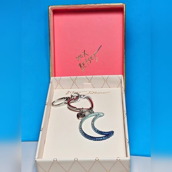 Betsey Johnson Accessories - NEW Betsey Johnson Sparkling Moon Blue & Silver Crescent Bag Charm Key Holder 4"